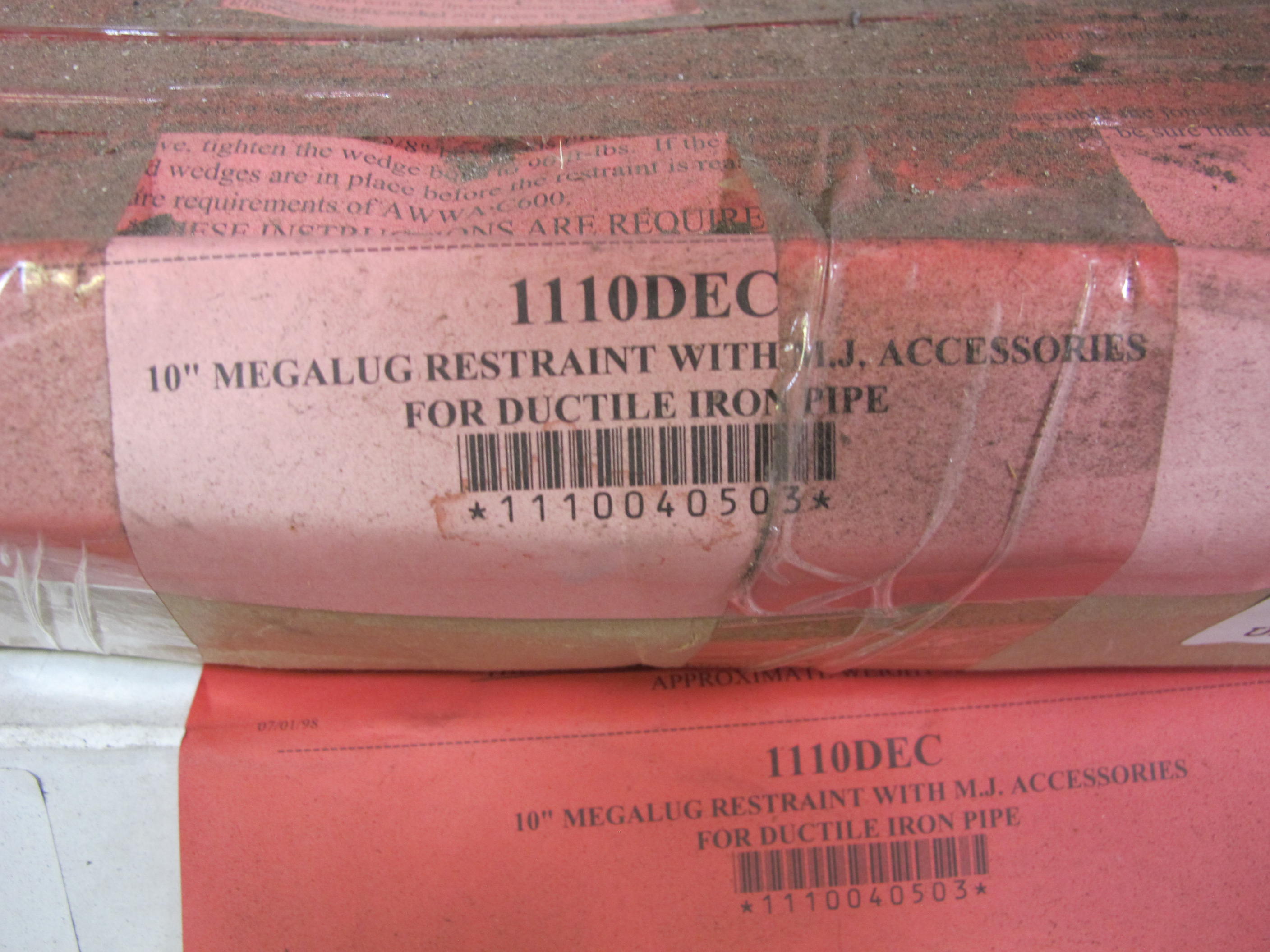 LOT TO INCLUDE: (2) GLAND, 12" MECHANICAL JOINT RESTRAINT KIT KIND, DUCTILE IRON MATERIAL, (5) GLANDS, 10" MECHANICAL JOINT RESTRAINT KIT KIND, DUCTILE IRON MATERIAL. LOADING & HANDLING FEE $15-4188